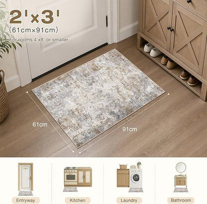 UERMEI 2x3 Entryway Area Rug Washable Neutral Brown Grey Small Carpet | Modern - Image 2
