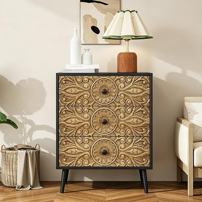 Carved Black Wood Nightstand, 3 Drawers Accent Cabinet, Vintage End Table - Image 8