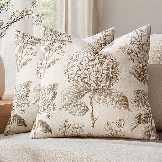 Set of 2 Decorative Floral Pillow Covers 22x22 Inch Light Brown | Neutral by SWANCOCO