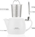Tealyra - Pluto Porcelain Small Teapot White - 18.2-ounce (1-2 cups) - Matte Finish - Stainless Steel Lid and Extra-Fine Infuser To Brew Loose Leaf Tea - 540ml