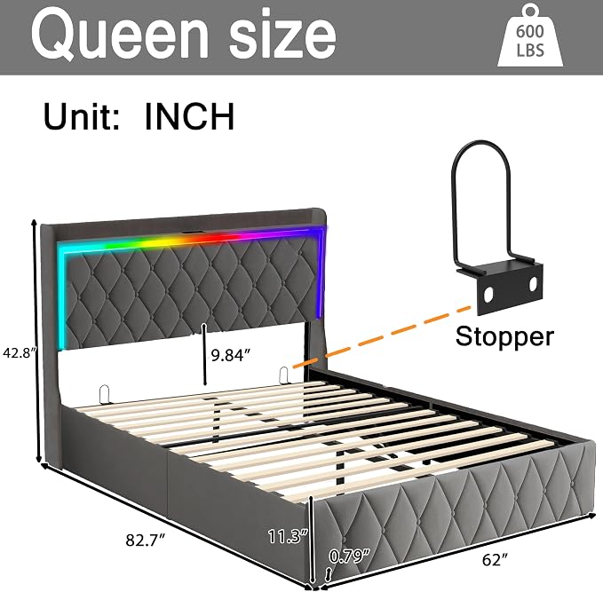 Modern Multi-Color LED Light Queen Bed Frame - Image 2