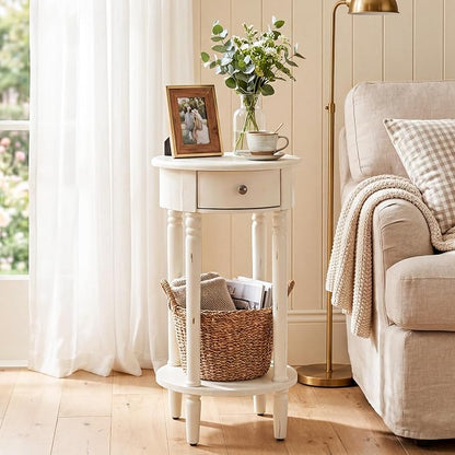 HOMPUS Round End Table with Drawer Set of 2, Rustic Framhouse Nightstand Set 2 - Image 8