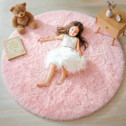 Light Pink Fluffy Round Rug 4ft - Image 4
