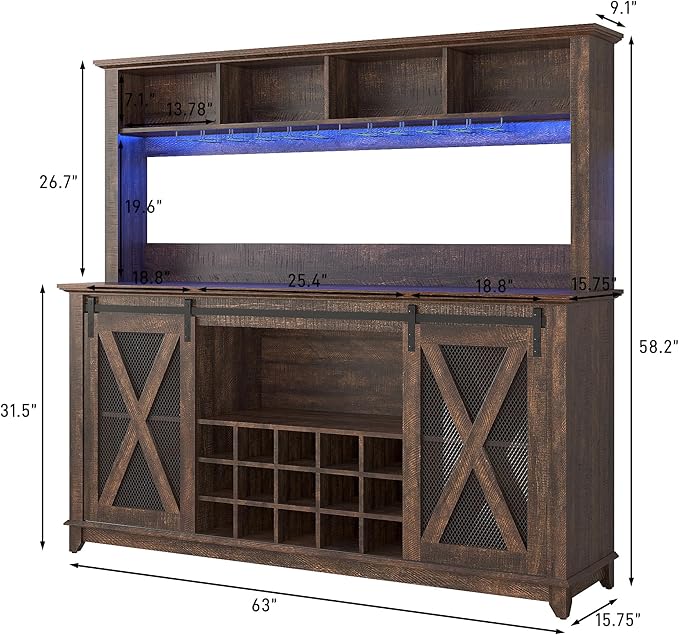 63"W Farmhouse Coffee Bar Cabinet with LED Light,Wine Bar Cabinet w/ 4 Tier Storage Hutch,Kitchen Buffet Cabinet w/Sliding Barn Door & 15 Wine and Glass Racks for Kitchen Dining Room(Brown)