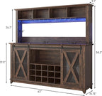 63"W Farmhouse Coffee Bar Cabinet with LED Light,Wine Bar Cabinet w/ 4 Tier Storage Hutch,Kitchen Buffet Cabinet w/Sliding Barn Door & 15 Wine and Glass Racks for Kitchen Dining Room(Brown)