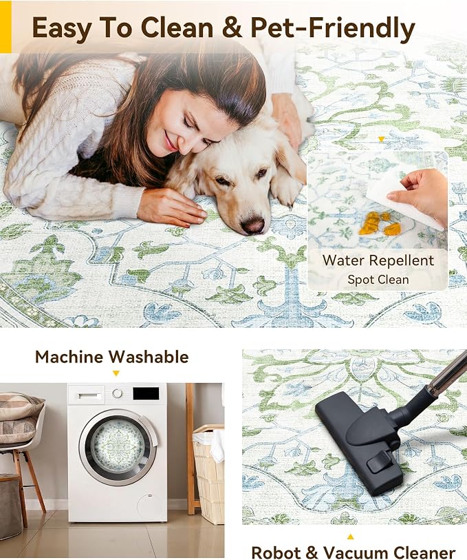 RELEANY Washable Area Rug, Round 6ft, Water Repellent, Pet Friendly, Vintage - Image 6