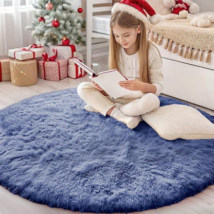 OLANLY Denim Blue Round Rugs for Bedroom by OLANLY