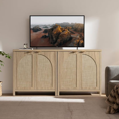 SICOTAS 102"W Rattan Sideboard Buffet Cabinet Set of 3, Mid Century Modern - Image 4