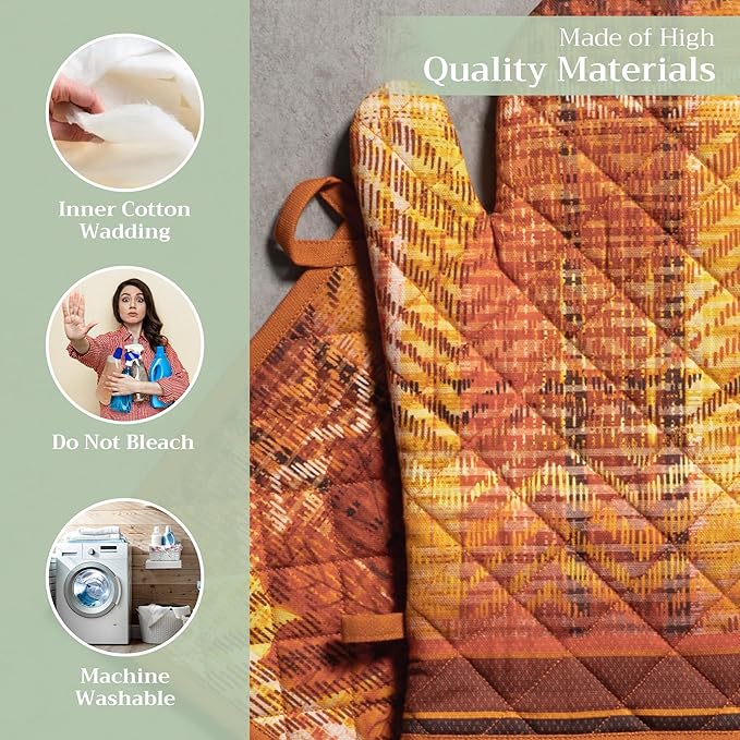 Maison d' Hermine 100% Cotton Oven Mitt & Pot Holder Set (7.5"x13" & 8"x8") Heat Resistant BBQ Cooking Gloves with Loop, Baking, Grilling, Kitchen, Handling Hot Pans (Thanksgiving Tartan)
