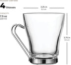 Bormioli Rocco OSLO Glass Coffee Mug - 7 ½ Ounce Espresso Cups (4 Pack) with Metal Handle Perfect Tea Glasses for hot and cold beverages, Thermal Shock Resistant, Tempered Glass, for Latte, Cappuccino