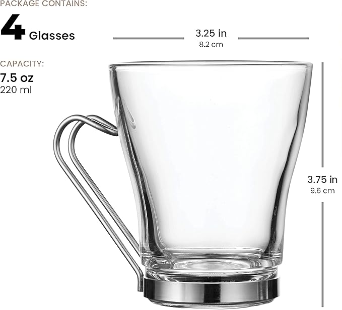 Bormioli Rocco OSLO Glass Coffee Mug - 7 ½ Ounce Espresso Cups (4 Pack) with Metal Handle Perfect Tea Glasses for hot and cold beverages, Thermal Shock Resistant, Tempered Glass, for Latte, Cappuccino
