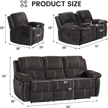 Betsy Furniture Modern Fabric Recliner Sofa Set, Loveseat w/Console, Recliner - Image 2