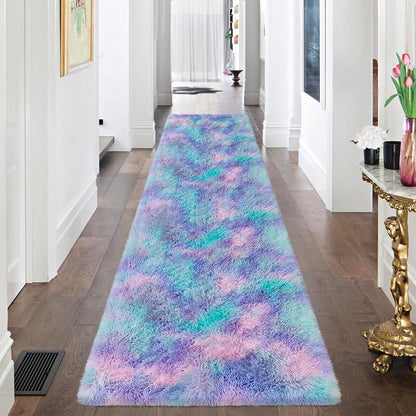 Super Soft Fluffy Living Room Area Rug 2x8 ft Purple Rainbow Tie-Dyed Shaggy - Image 2