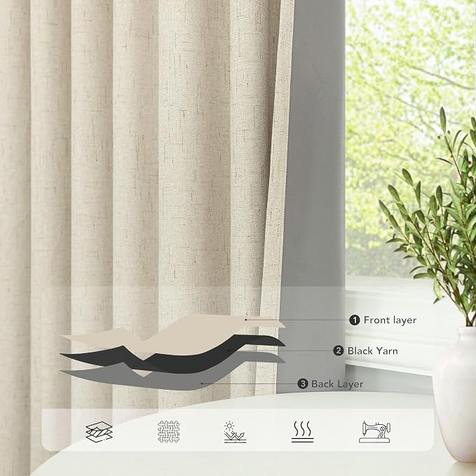 Burlap Curtains 90 Inches Long for Bedroom 2 Panel 100 Percent Blackout Linen - Image 5