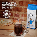Stella Blue Ground Coffee, Big Cat Blend, Medium Roast, Caramel, Hazelnut and Fruity Notes, 100% Arabica, Ethically Sourced from Central and South America, 12 oz bag
