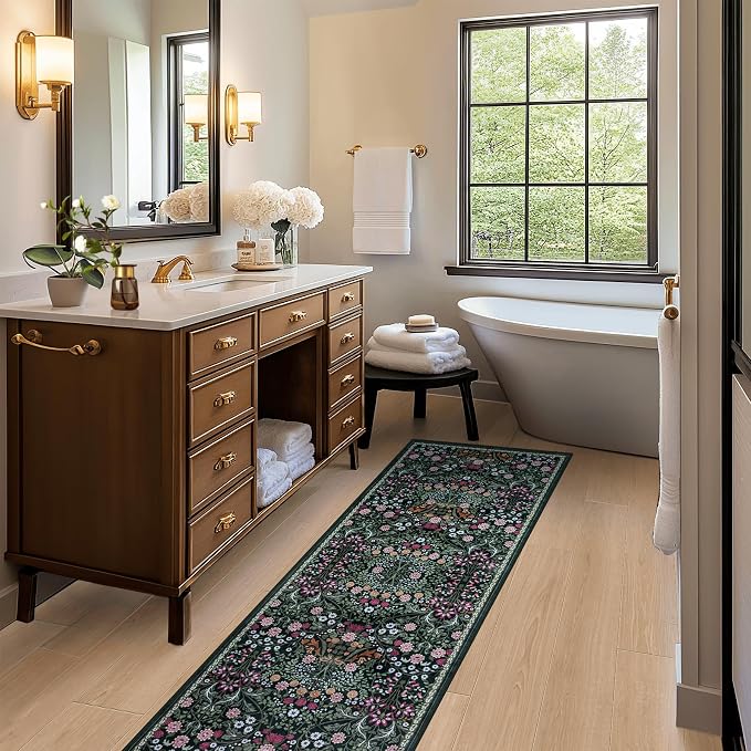 PLHXFR 2x6 Washable Runner Rug：Floral Indoor Kitchen Carpet Dark Green | - Image 5