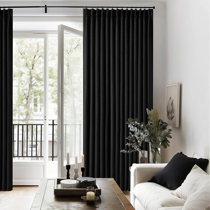 Black Pinch Pleated Full Blackout Linen 80 Inch Window Curtains 2 Panels | 100% - Image 8