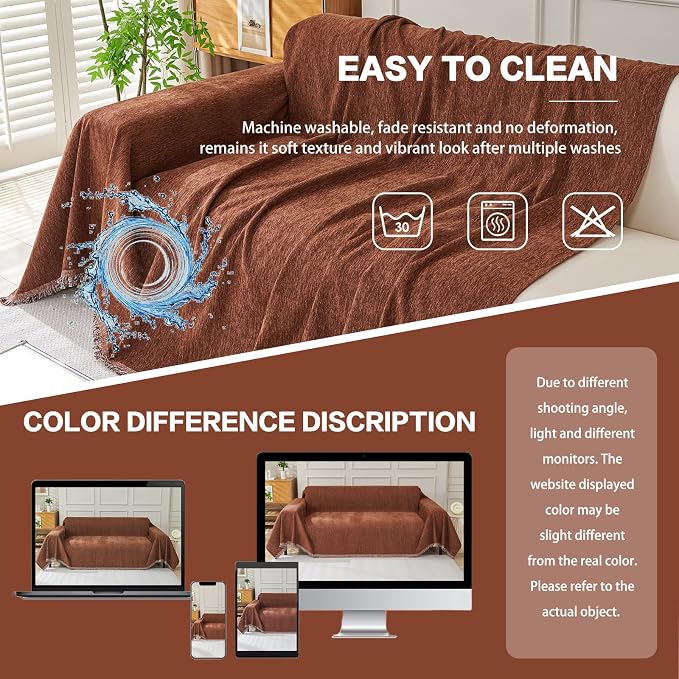 DREAMINGO Sofa Covers for 3 Cushion Couch Chenille Couch Cover Blanket - Image 6