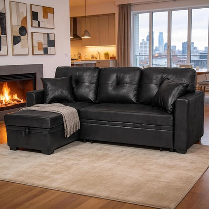 Eafurn Faux Leather Tufted Convertible Sleeper Sectional Sofa Bed, 3 Seater L - Image 5