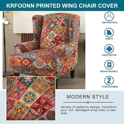 KRFOONN Stretch Wing Chair Slipcovers Printed 2 Piece Wingback Chair Covers - Image 4