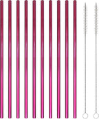 10 Pcs Stainless Steel Straws, Reusable Drinking Straws, Straight Metal Straw Sets with 2 Pcs Cleaning Brushes (10.5 Inch, Rose Red)