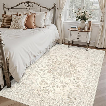 5x7 Area Rugs Living Room: Bedroom Washable Carpet Beige White | Vintage Boho - Image 2