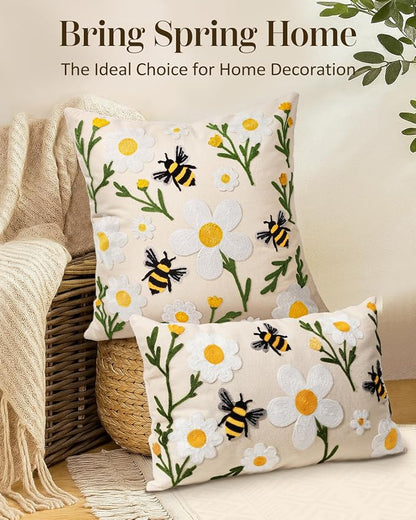 Embroidered Throw Pillow Cover 20x20 Inch, Flower Bee | Decorative Pillow Cover - Image 5