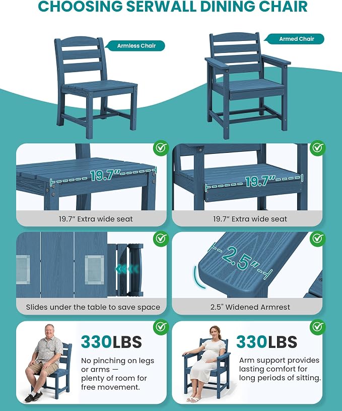 SERWALL HDPE Dining Set for 6: 1 Umbrella Hole Table, 4 Armless + 2 Armchairs. - Image 6