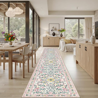 PLHXFR 2.6x14 Washable Runner Rug：Floral Indoor Kitchen Carpet Pink Green | - Image 4