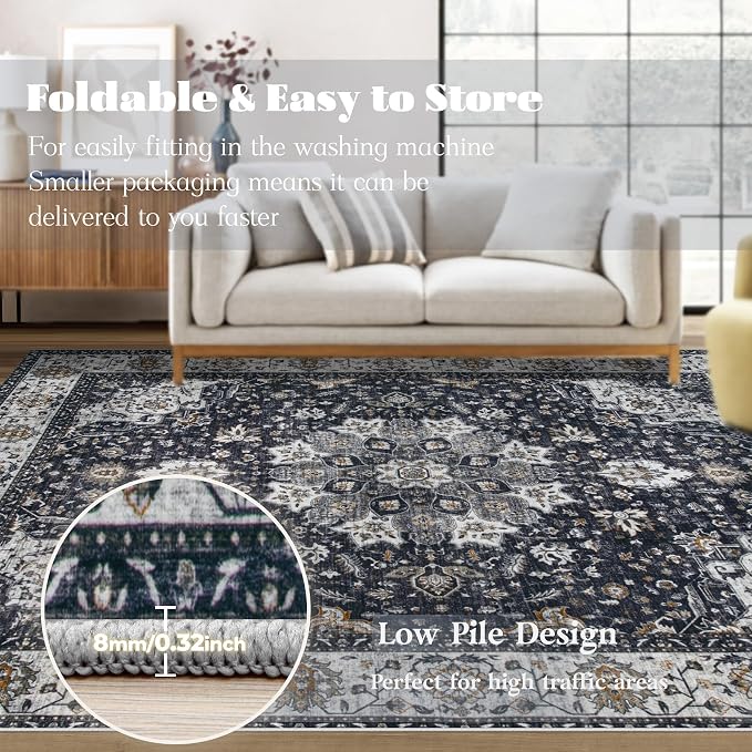 Area Rug 9x12 Washable Rug, Vintage Boho Medallion Rugs Non-Slip Soft Low Pile - Image 6