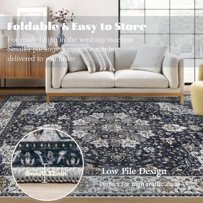 Area Rug 9x12 Washable Rug, Vintage Boho Medallion Rugs Non-Slip Soft Low Pile - Image 6