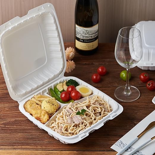 FULING 9X9 3 Compartment 50-Pack Plastic Clamshell Take Out Food Containers, Heavy Duty Disposable To-go Box For Cake, Sandwich, Salad, Dessert