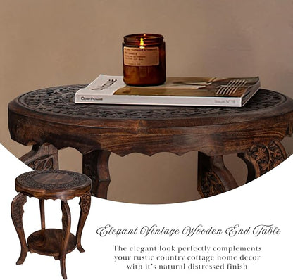 Farmhouse Round Accent End Table, Rustic Side Table Nightstands - Image 5