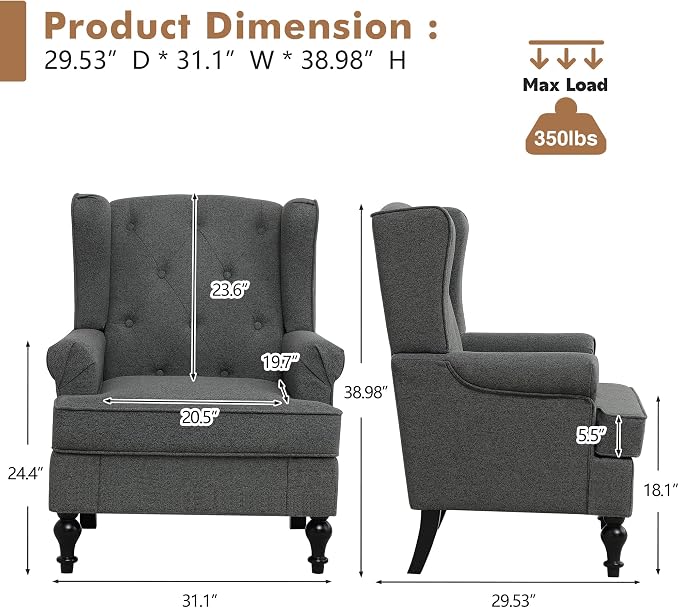 Accent Chair for Living Room, Mid Century Modern Upholstered Armchair, Wingback - Image 2
