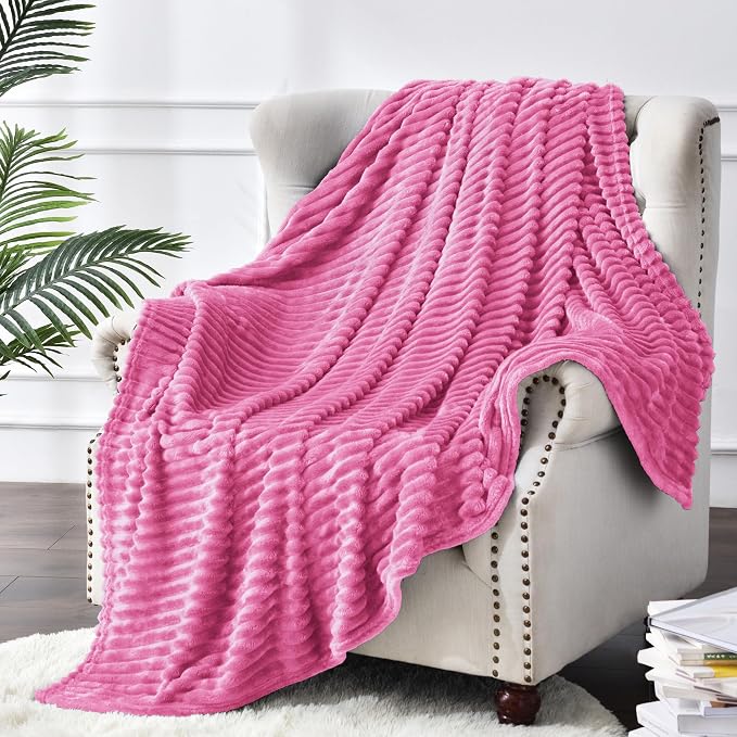 BEDELITE Ribbed Jacquard Hot Pink Fleece Twin Blanket - Image 8