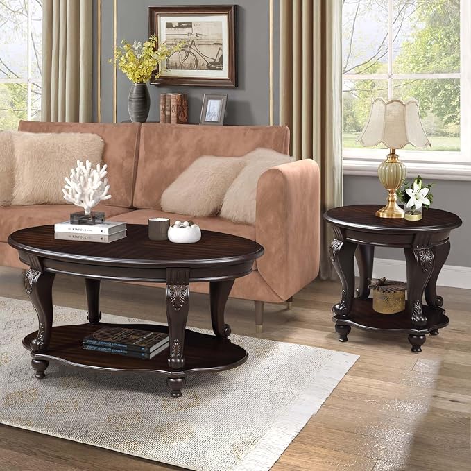 Oval Wood Coffee Table for Living Room, 2-Tier Solid Wood Coffee Table - Image 6