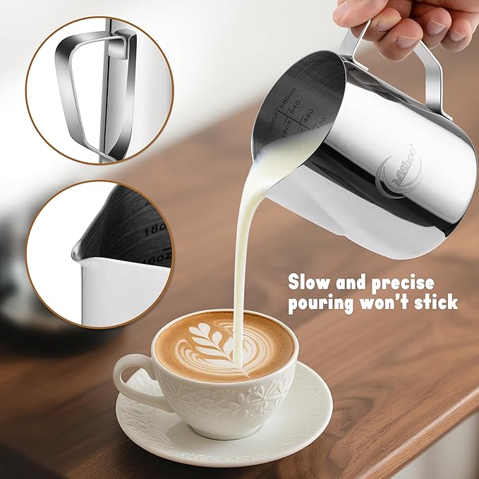 MiShoo® Milk Frothing Pitcher, 20oz Steaming Pitcher 304 Stainless Steel Espresso Machine Accessories for Coffee Bar, Cappuccino Barista Tools Milk Jug Steamer Frother Cup with Latte Art Pen