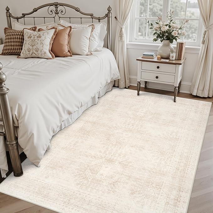 4x6 Area Rugs Living Room: Bedroom Neutral Washable Carpet Beige | Large - Image 2