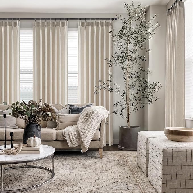 96 Inches Long Pleated Sheer Curtains, Oatmeal Linen Blended Light Filtering - Image 6
