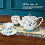 ACMLIFE Tea Cups and Saucers for 1, Bone China Teacup Set for Adults with Gold Trim and Gift Box, Blue and White Chinese English British Wedding Tea Set for One Coffee Cup Set 6.8 oz (Blue-Bamboo)
