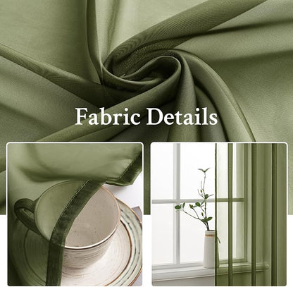 MIULEE Olive Green Sheer Curtains 54 X 54 Inches, 2 Panels | Solid Color - Image 3