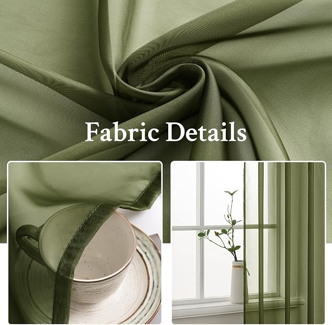 MIULEE Olive Green Sheer Curtains 54 X 72 Inches, 2 Panels | Solid Color - Image 3