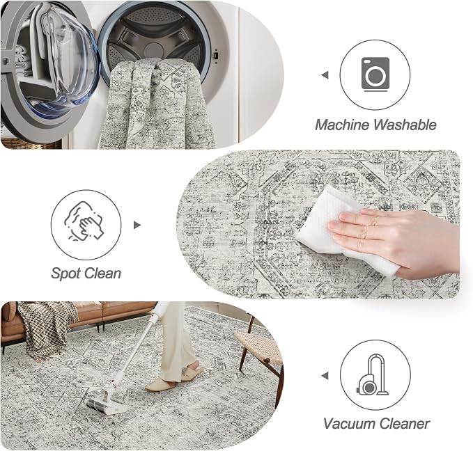 Soalmost 5x7 Area Rugs Light Gray Washable Trendy Faded Style Floral Rugs | - Image 4