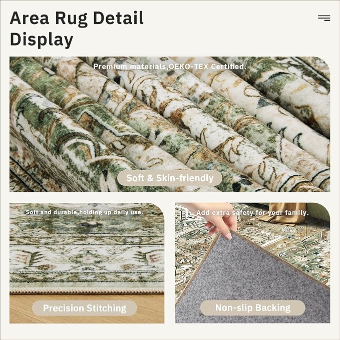 Soalmost 5x7 Area Rug Low Pile Washable Trendy Faded Style Rug, Olive Beige | - Image 6