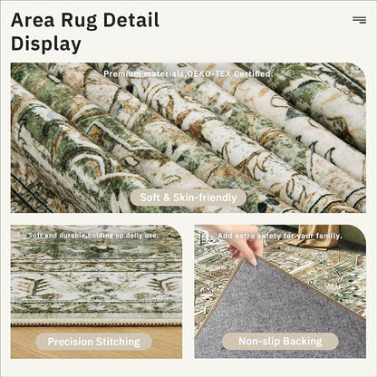 Soalmost 5x7 Area Rug Low Pile Washable Trendy Faded Style Rug, Olive Beige | - Image 6