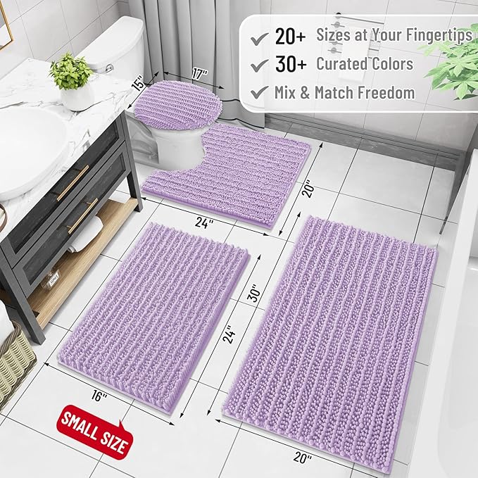 Arotive Luxury Chenille Bathroom Rug Mat, Extra Soft Thick Absorbent Shaggy Bath Rugs, Non-Slip Machine Wash Dry, Plush Bath Mats for Bathroom, Shower and Tub, 30x20, Light Purple