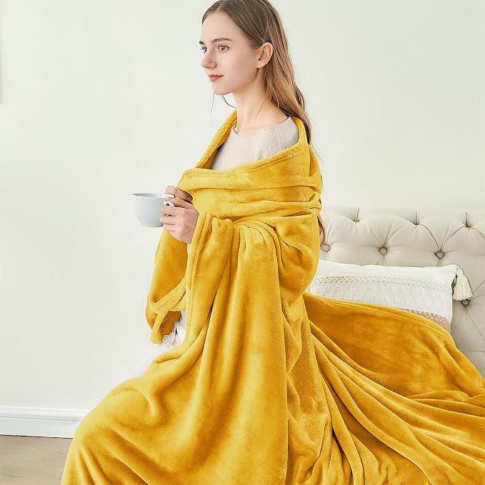 BEDELITE Fleece Blanket Soft Plush King Size Bed Blanket Yellow 108"x90" | - Image 8
