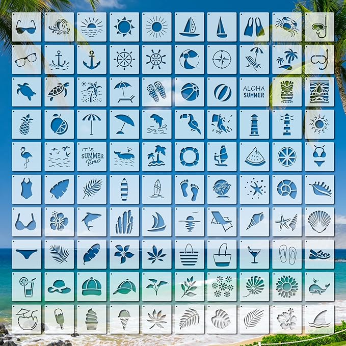 100 Pcs Stencils for Painting on Wood Reusable Stencil Crafts Drawing Templates Holiday Wall Paper for DIY Scrapbook Home 2 x 2 Inch(Hawaiian Style)