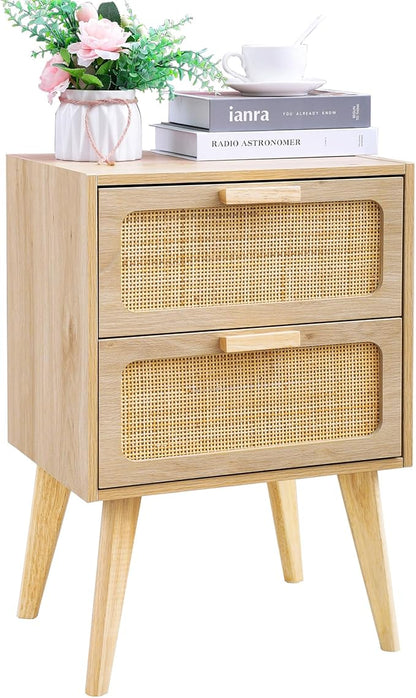 YAUKOMEL Rattan Nightstand, Wood End Table, Side Table by YAUKOMEL