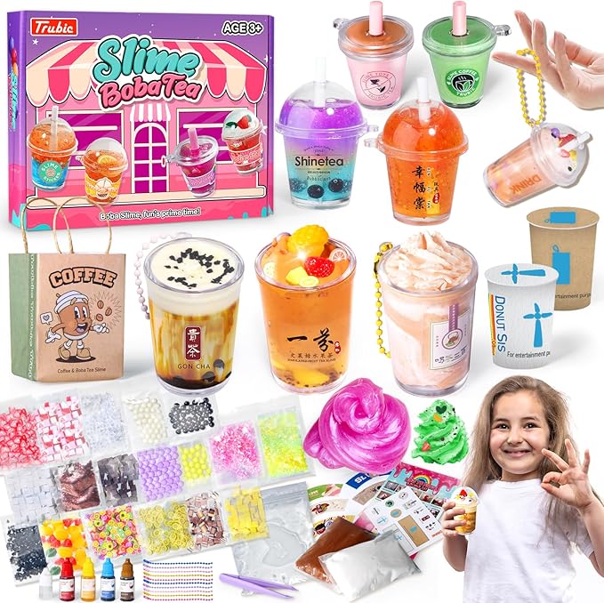 Miniature Cafe & Boba Tea Slime Making Kit for Girls Ages 8-12, 53PCS Mini Coffee & Bubble Tea Dessert Cup, DIY Pretend Play Food Set, Kitchen Toys, Birthday Party Gift for Kids 6 7 9 10 11